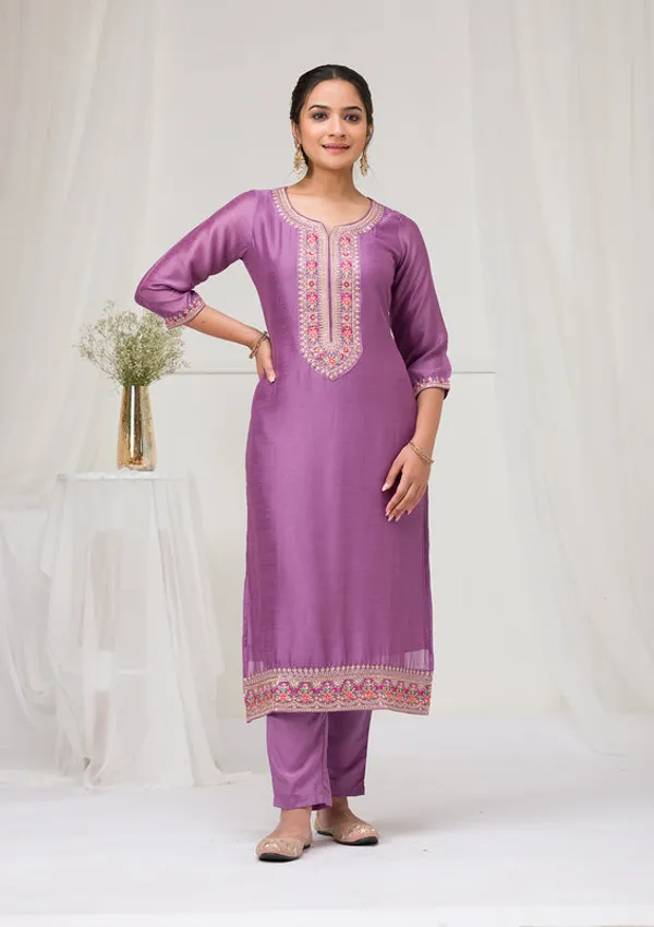 Lavender_Soft_Raw_Silk_Threadwork_Straight_Kurta_With_Regular_Pant_And_Dupatta