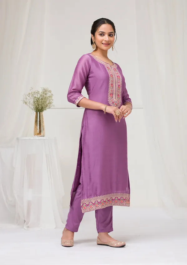 Lavender_Soft_Raw_Silk_Threadwork_Straight_Kurta_With_Regular_Pant_And_Dupatta
