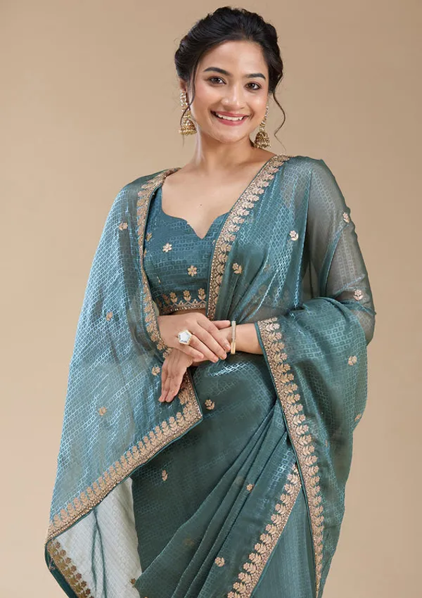 Teal_Green_Organza_Gotapatti_Saree_With_Matching_Blouse_Piece