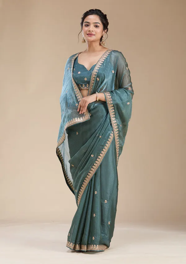 Teal_Green_Organza_Gotapatti_Saree_With_Matching_Blouse_Piece