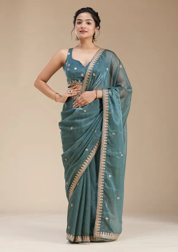 Teal_Green_Organza_Gotapatti_Saree_With_Matching_Blouse_Piece