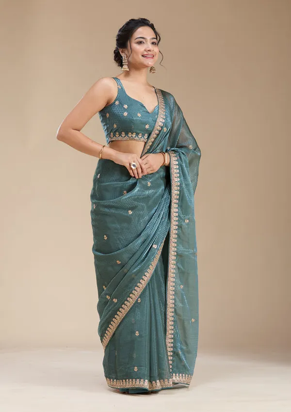 Teal_Green_Organza_Gotapatti_Saree_With_Matching_Blouse_Piece