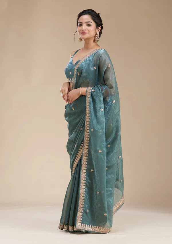Teal_Green_Organza_Gotapatti_Saree_With_Matching_Blouse_Piece