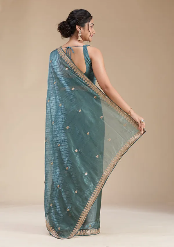 Teal_Green_Organza_Gotapatti_Saree_With_Matching_Blouse_Piece