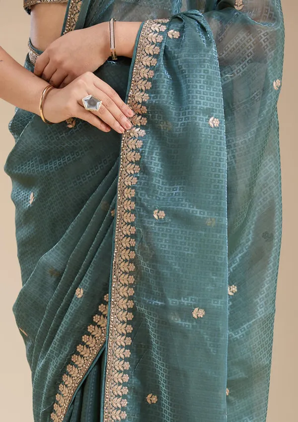 Teal_Green_Organza_Gotapatti_Saree_With_Matching_Blouse_Piece