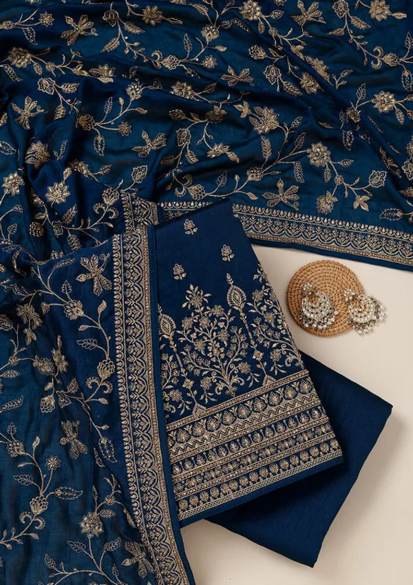 Peacock_Blue_Soft_Raw_Silk_Cording_Unstitched_Dress_Material_With_Matching_Bottom_And_Dupatta