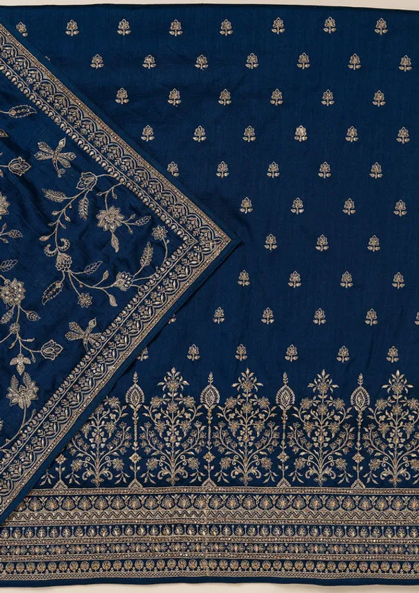 Peacock_Blue_Soft_Raw_Silk_Cording_Unstitched_Dress_Material_With_Matching_Bottom_And_Dupatta