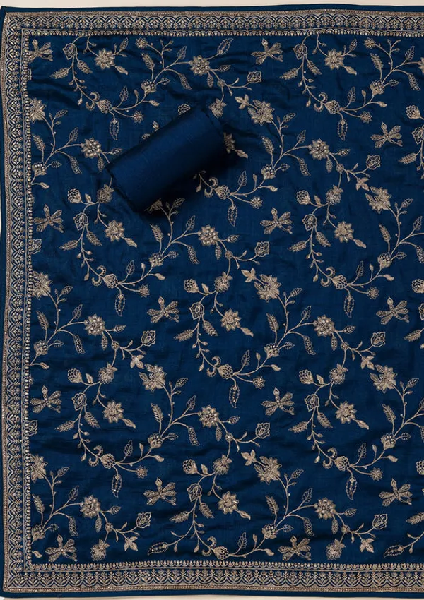 Peacock_Blue_Soft_Raw_Silk_Cording_Unstitched_Dress_Material_With_Matching_Bottom_And_Dupatta
