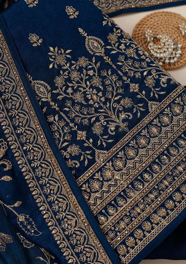 Peacock_Blue_Soft_Raw_Silk_Cording_Unstitched_Dress_Material_With_Matching_Bottom_And_Dupatta