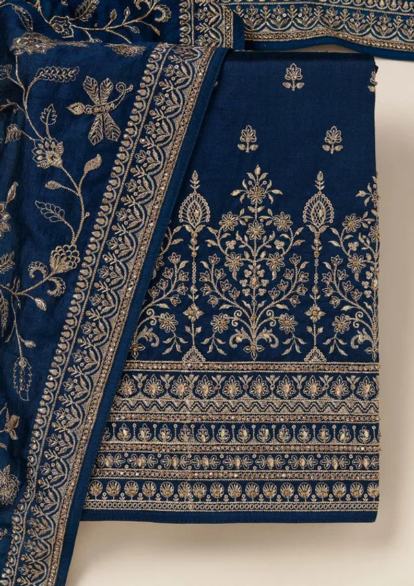 Peacock_Blue_Soft_Raw_Silk_Cording_Unstitched_Dress_Material_With_Matching_Bottom_And_Dupatta