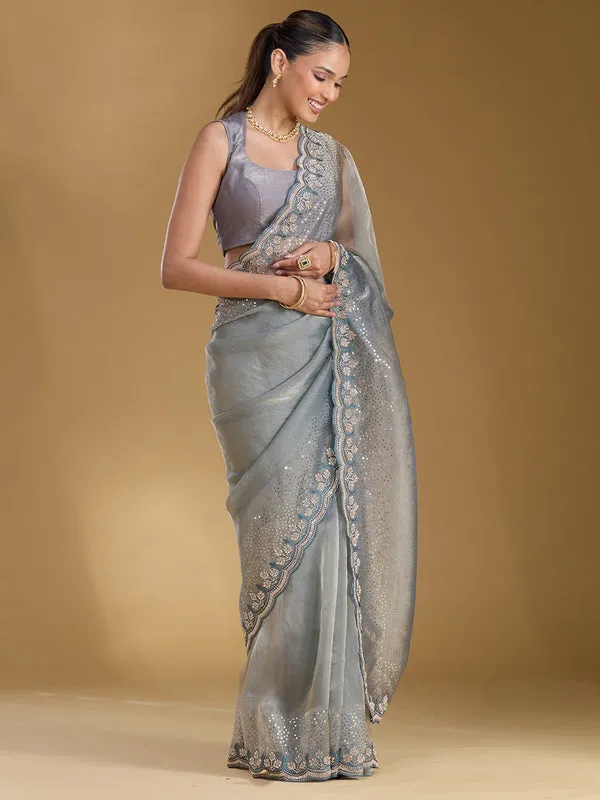 Grey_Tissue_Gold_Stonework_Saree_With_Matching_Blouse_Piece
