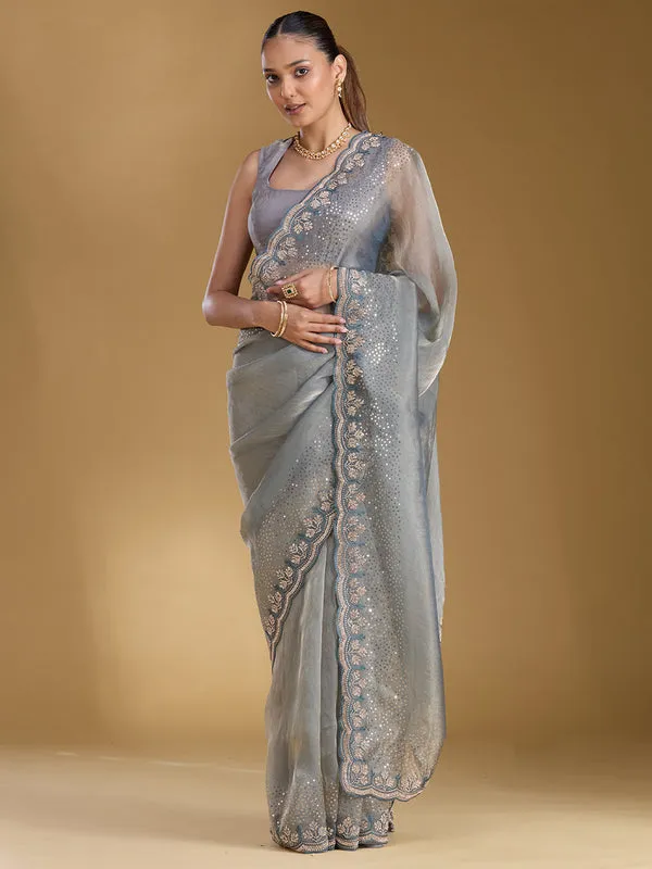 Grey_Tissue_Gold_Stonework_Saree_With_Matching_Blouse_Piece