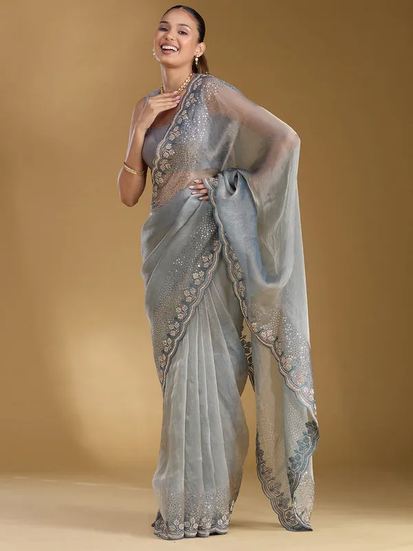 Grey_Tissue_Gold_Stonework_Saree_With_Matching_Blouse_Piece