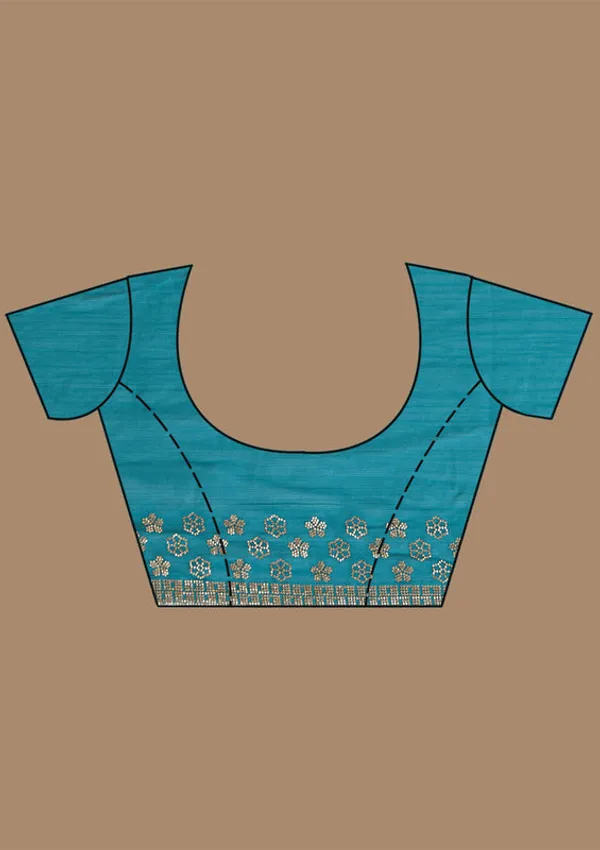 Peacock_Blue_Chiffon_Gold_Stonework_Saree_With_Matching_Blouse_Piece