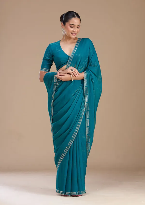 Peacock_Blue_Chiffon_Gold_Stonework_Saree_With_Matching_Blouse_Piece