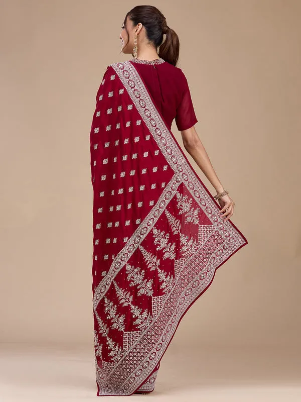 Maroon_Soft_Raw_Silk_Silver_Zariwork_Saree_With_Matching_Blouse_Piece