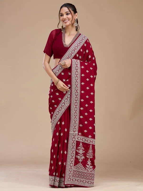 Maroon_Soft_Raw_Silk_Silver_Zariwork_Saree_With_Matching_Blouse_Piece