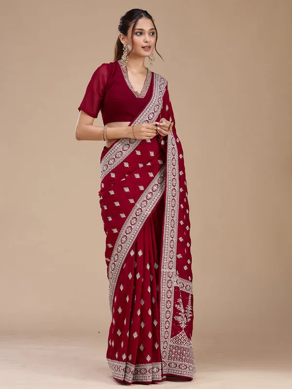 Maroon_Soft_Raw_Silk_Silver_Zariwork_Saree_With_Matching_Blouse_Piece