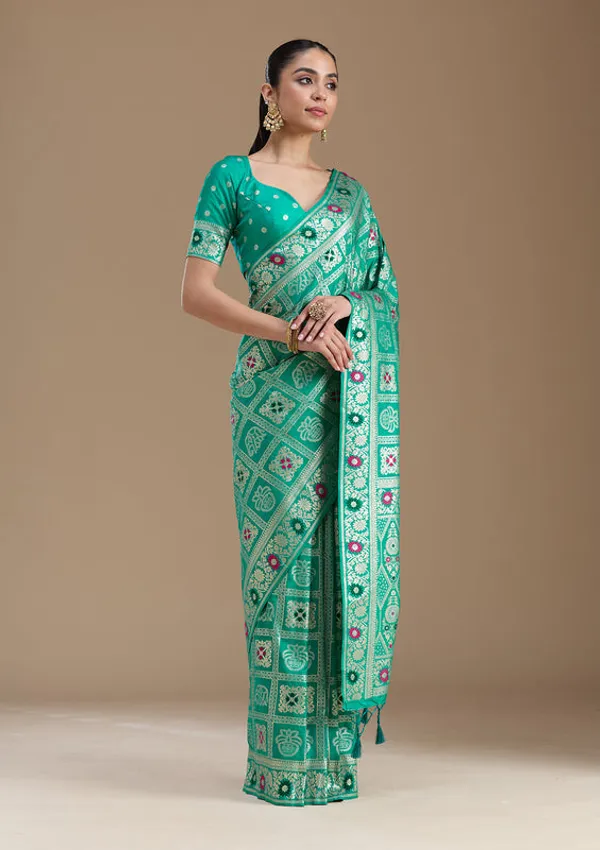 Rama_Green_Silk_Jaal_Saree_With_Matching_Blouse_Piece