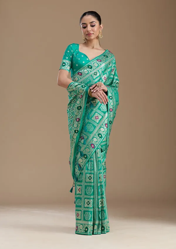 Rama_Green_Silk_Jaal_Saree_With_Matching_Blouse_Piece