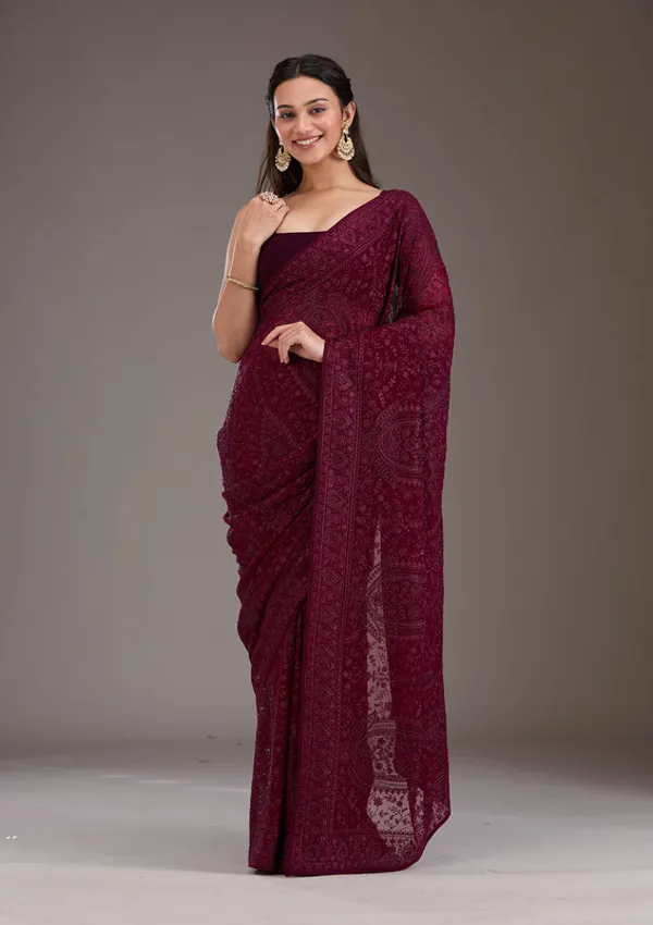 Wine_Georgette_Threadwork_Saree_With_Matching_Blouse_Piece