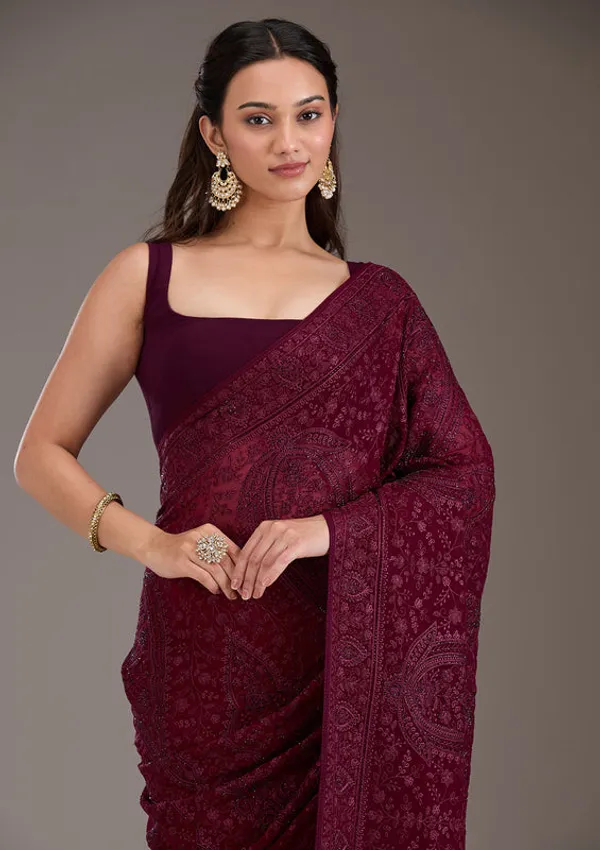 Wine_Georgette_Threadwork_Saree_With_Matching_Blouse_Piece