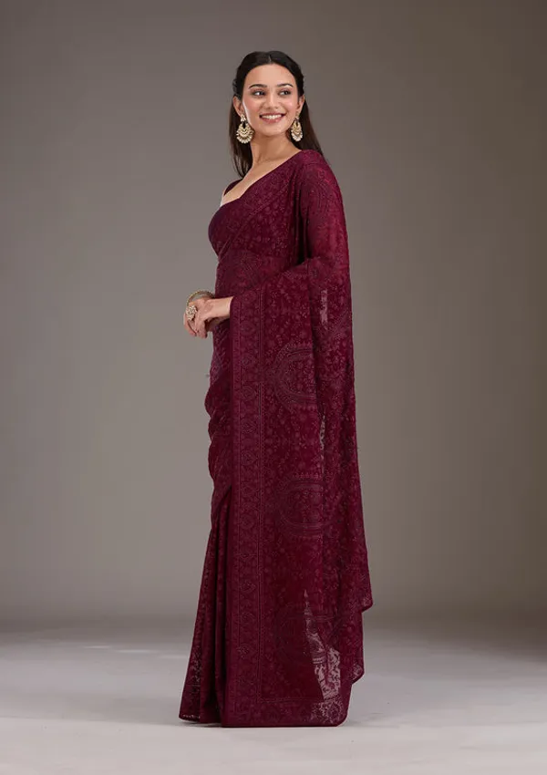 Wine_Georgette_Threadwork_Saree_With_Matching_Blouse_Piece