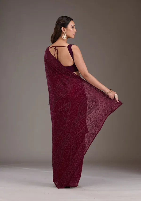 Wine_Georgette_Threadwork_Saree_With_Matching_Blouse_Piece