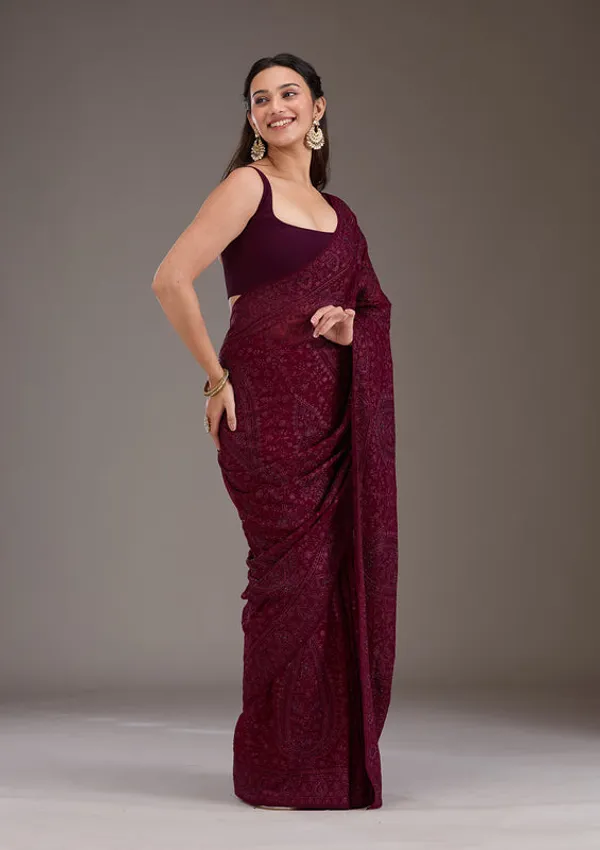 Wine_Georgette_Threadwork_Saree_With_Matching_Blouse_Piece