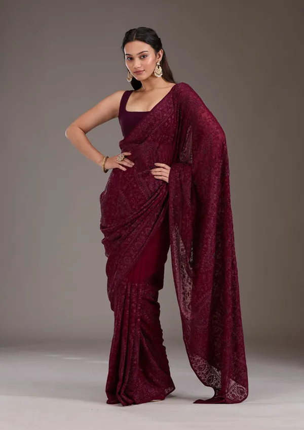 Wine_Georgette_Threadwork_Saree_With_Matching_Blouse_Piece