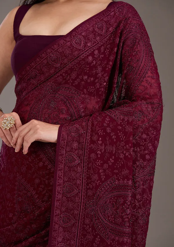 Wine_Georgette_Threadwork_Saree_With_Matching_Blouse_Piece