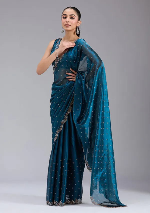 Peacock_Blue_Tissue_Gold_Stonework_Saree_With_Matching_Blouse_Piece