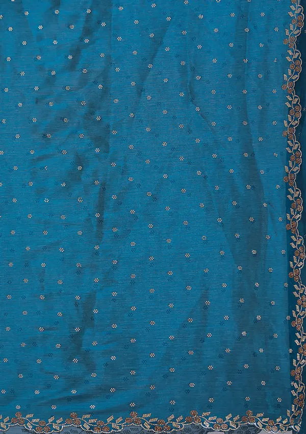 Peacock_Blue_Tissue_Gold_Stonework_Saree_With_Matching_Blouse_Piece