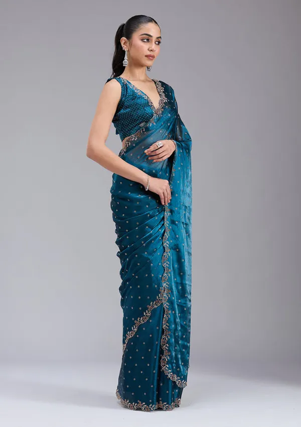 Peacock_Blue_Tissue_Gold_Stonework_Saree_With_Matching_Blouse_Piece