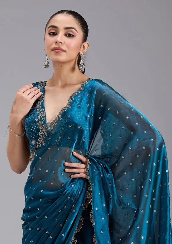 Peacock_Blue_Tissue_Gold_Stonework_Saree_With_Matching_Blouse_Piece