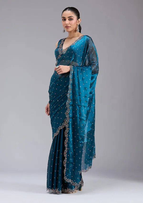 Peacock_Blue_Tissue_Gold_Stonework_Saree_With_Matching_Blouse_Piece