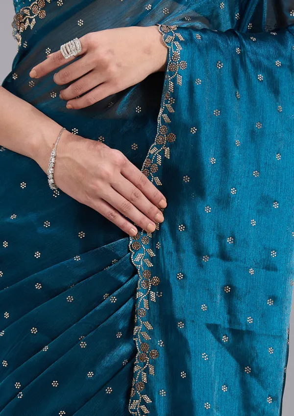 Peacock_Blue_Tissue_Gold_Stonework_Saree_With_Matching_Blouse_Piece