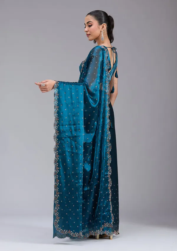 Peacock_Blue_Tissue_Gold_Stonework_Saree_With_Matching_Blouse_Piece