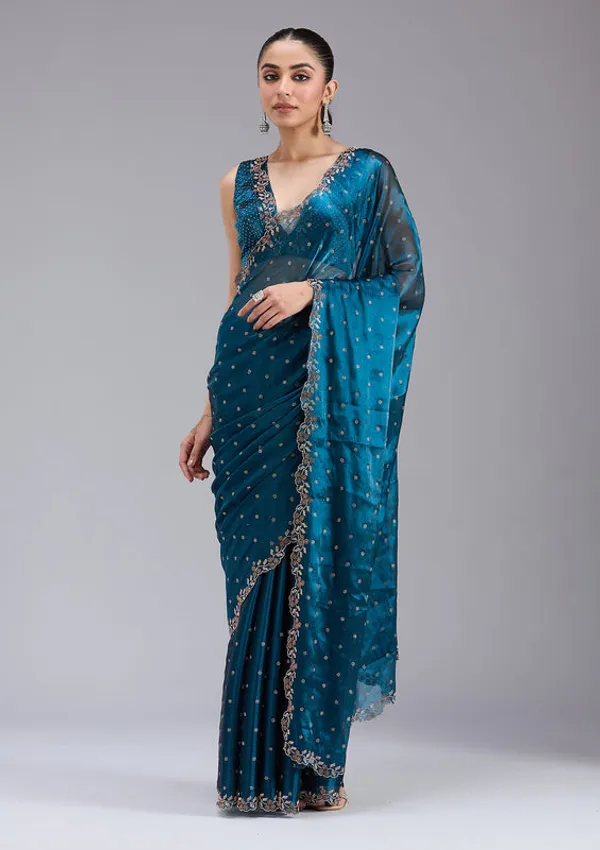 Peacock_Blue_Tissue_Gold_Stonework_Saree_With_Matching_Blouse_Piece