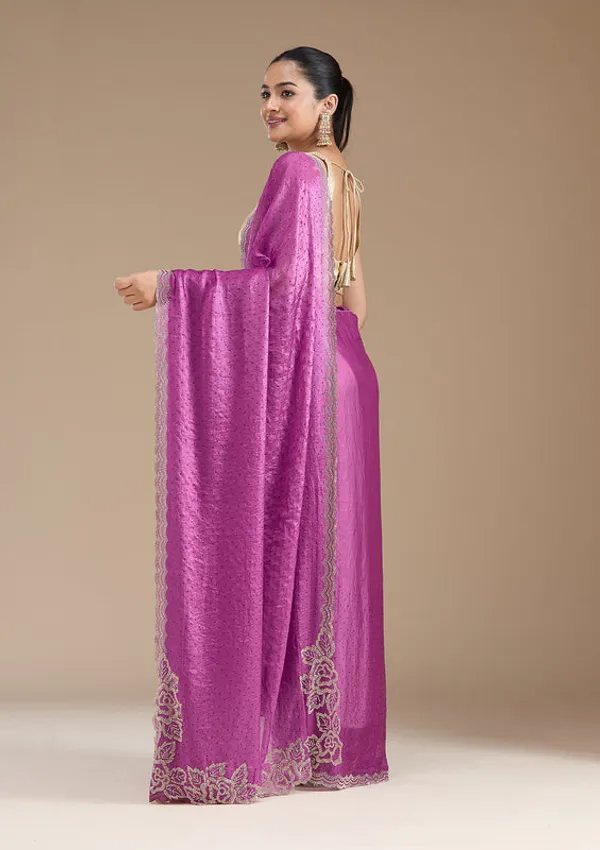 Wine_Chiffon_Gold_Stonework_Saree_With_Matching_Blouse_Piece