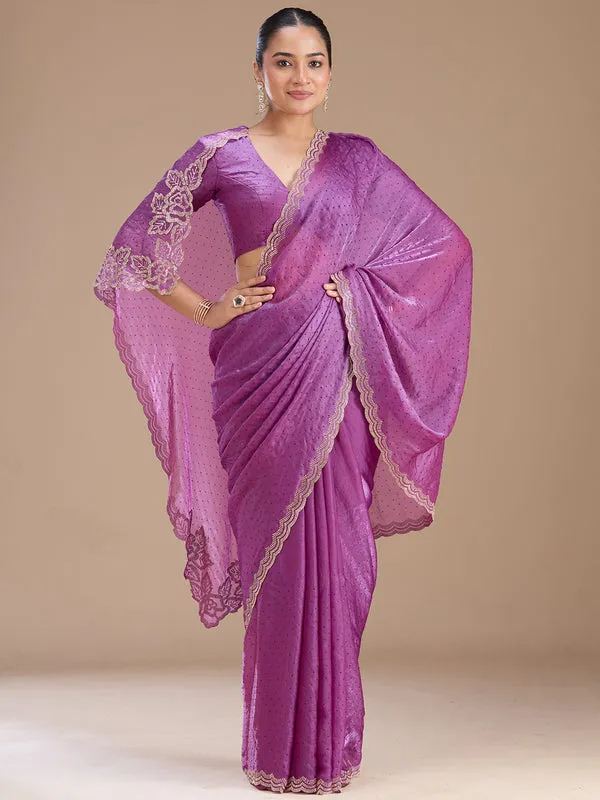 Wine_Chiffon_Gold_Stonework_Saree_With_Matching_Blouse_Piece