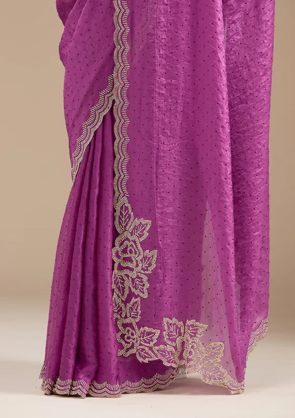 Wine_Chiffon_Gold_Stonework_Saree_With_Matching_Blouse_Piece