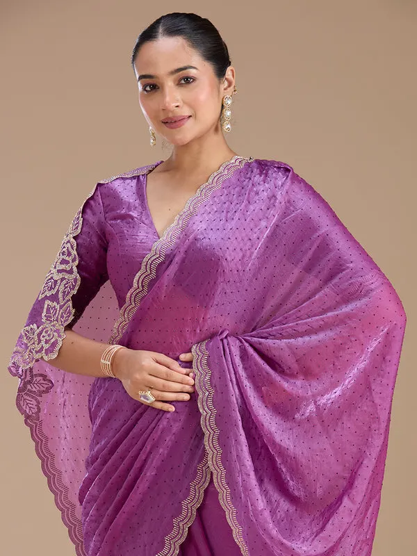 Wine_Chiffon_Gold_Stonework_Saree_With_Matching_Blouse_Piece