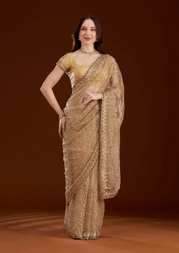 Gold_Net_Sequins_Saree_With_Matching_Blouse_Piece