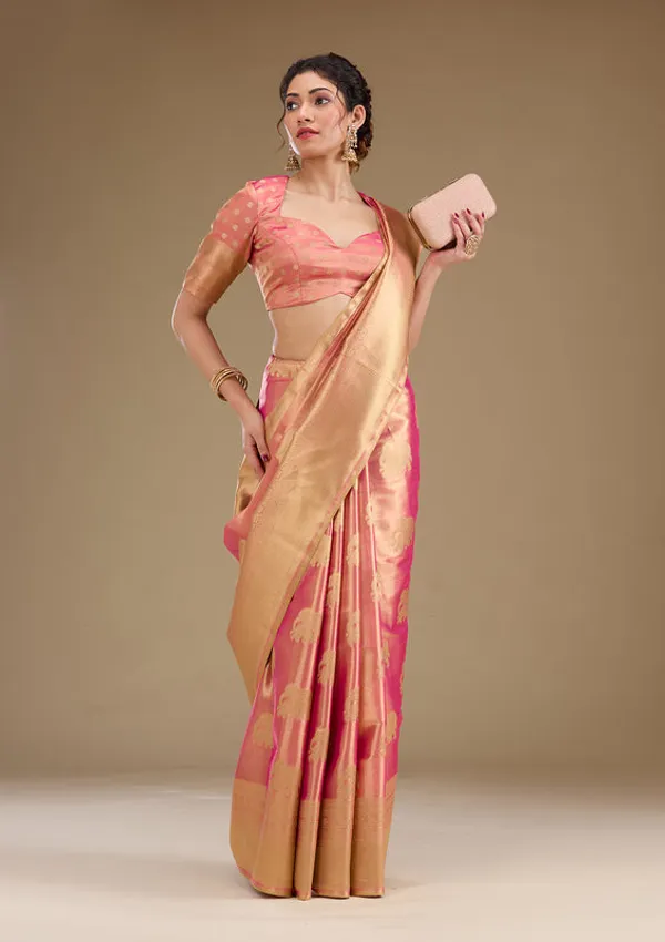 Onion_Pink_Silk_Buti_Gold_Zariwork_Saree_With_Matching_Blouse_Piece