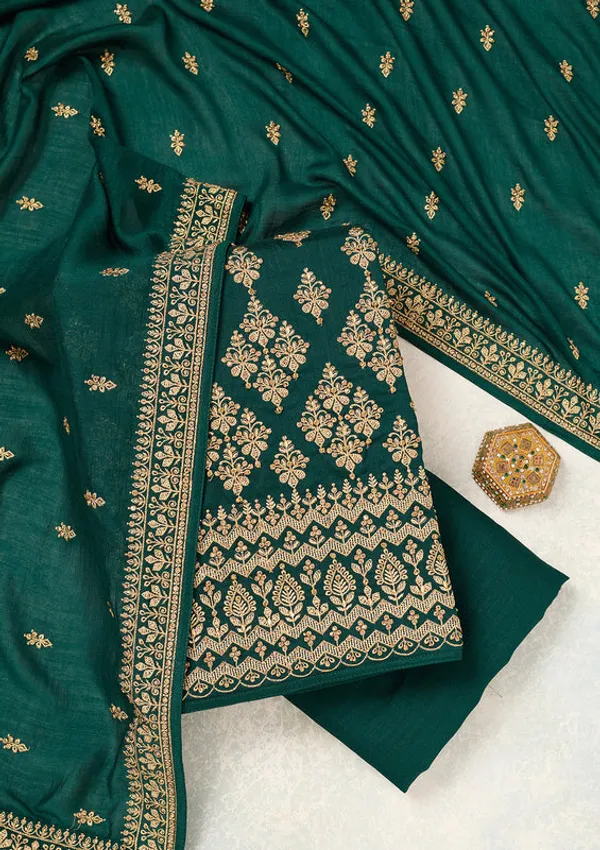 Bottle_Green_Soft_Raw_Silk_Cording_Unstitched_Dress_Material_With_Matching_Bottom_And_Dupatta