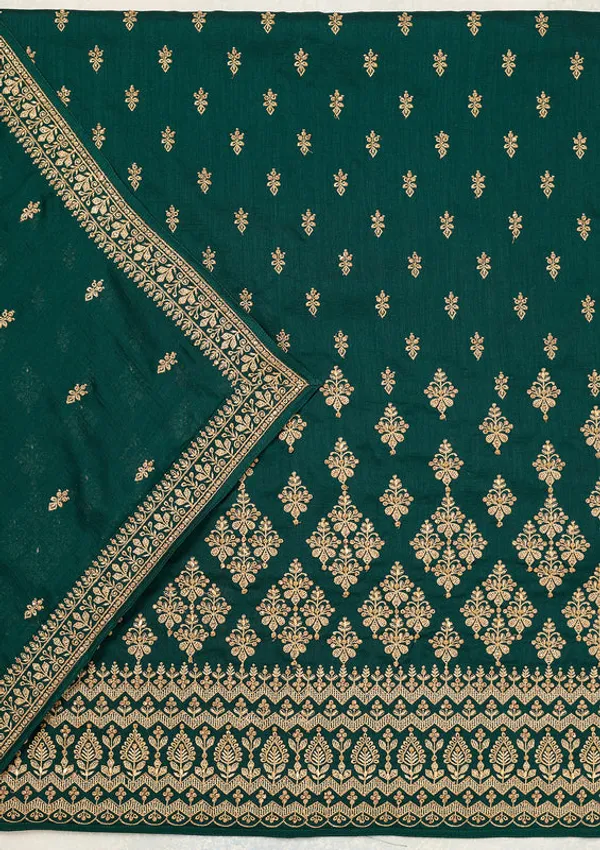 Bottle_Green_Soft_Raw_Silk_Cording_Unstitched_Dress_Material_With_Matching_Bottom_And_Dupatta