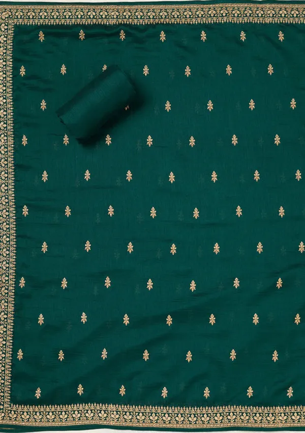 Bottle_Green_Soft_Raw_Silk_Cording_Unstitched_Dress_Material_With_Matching_Bottom_And_Dupatta