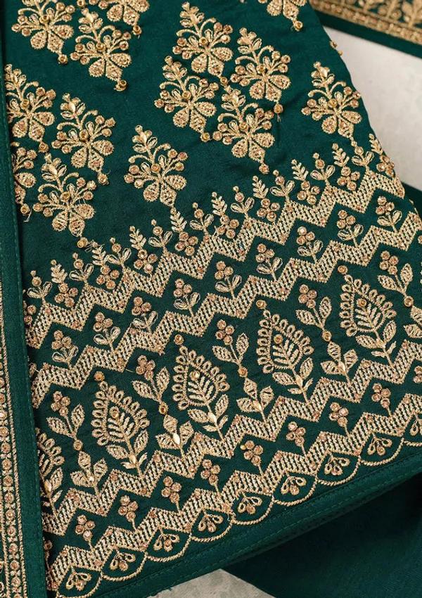 Bottle_Green_Soft_Raw_Silk_Cording_Unstitched_Dress_Material_With_Matching_Bottom_And_Dupatta
