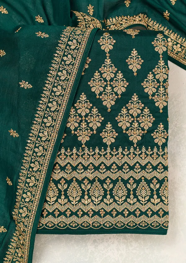 Bottle_Green_Soft_Raw_Silk_Cording_Unstitched_Dress_Material_With_Matching_Bottom_And_Dupatta